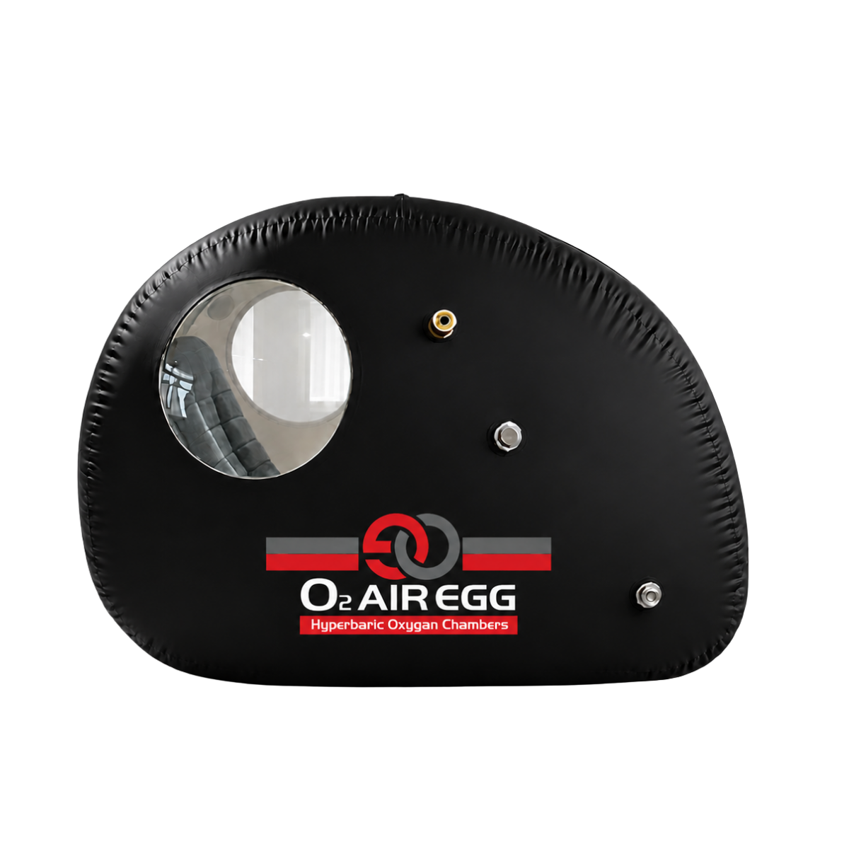 O2 AIR EGG ブラックモデル外観、側面の大型窓とブランドロゴ
